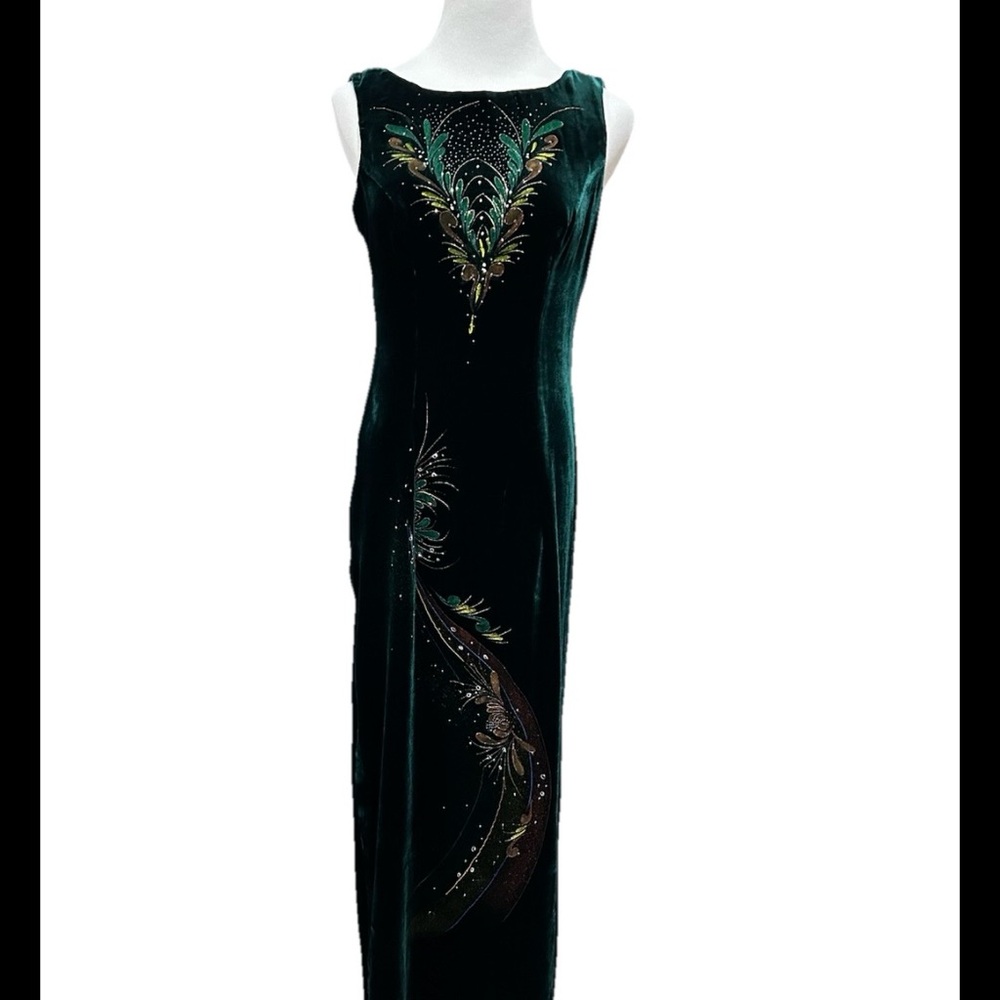 VTG Sleeveless Emerald Green Velvet Maxi Dress with paint and sparkle